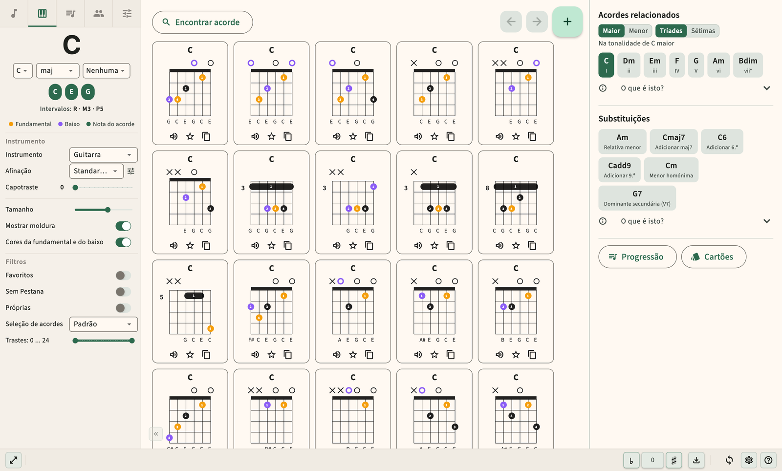 Diagrama de acordes de guitarra com dedilhado e reprodução de áudio