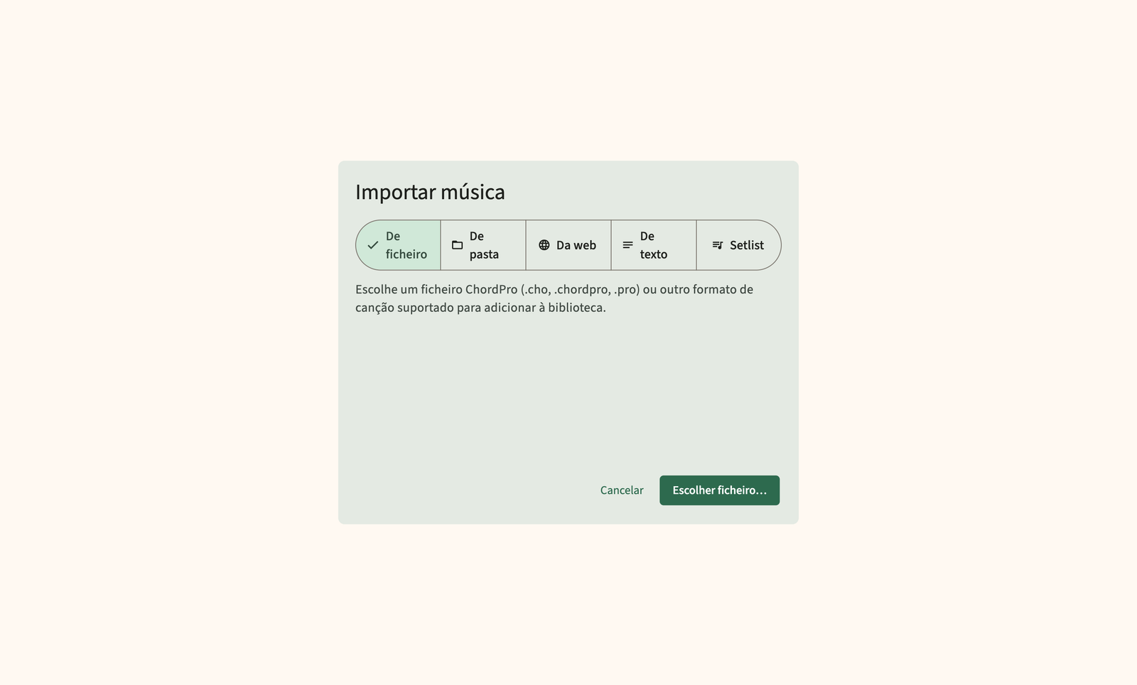 Importe ChordPro ficheiros e pastas para a biblioteca