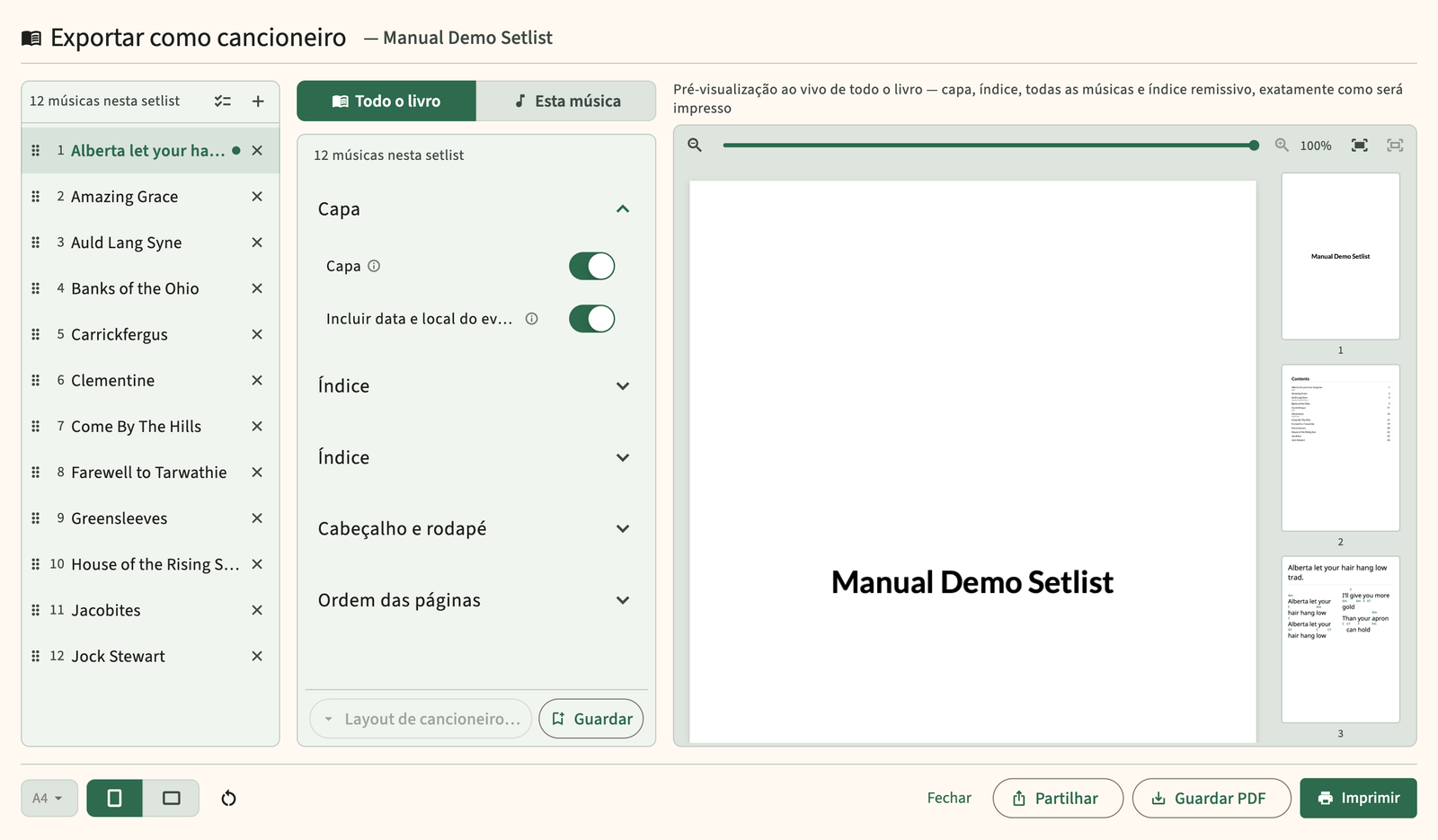 Visualização da exportação do songbook da setlist PDF