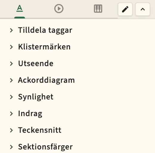 Prestandaformat och metronom sidofält kontroller