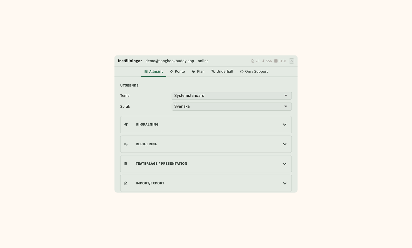 Inställningar för cloud sync, backup och display preferenser