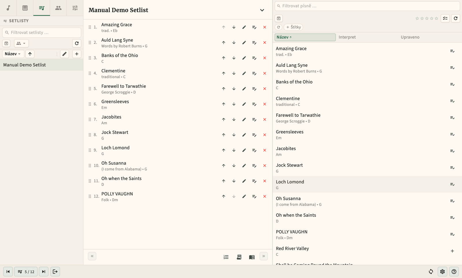 Editor setlistu s možností přetahování pořadí písní