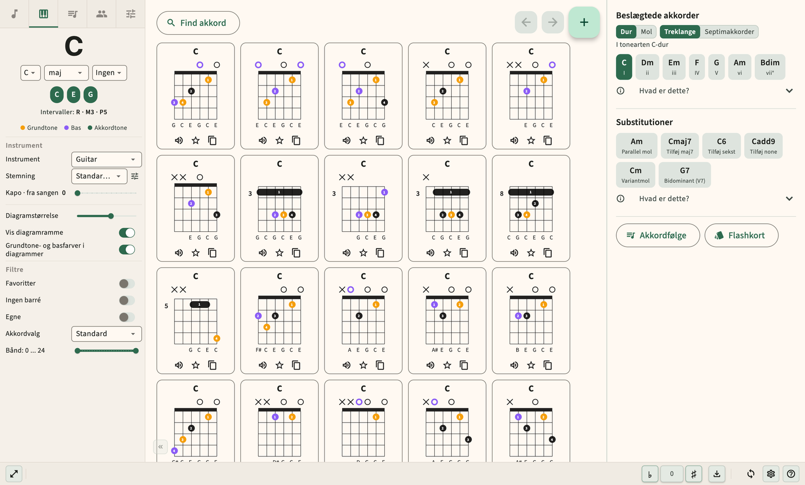 Guitarakkorddiagram med fingersætning og lydafspilning
