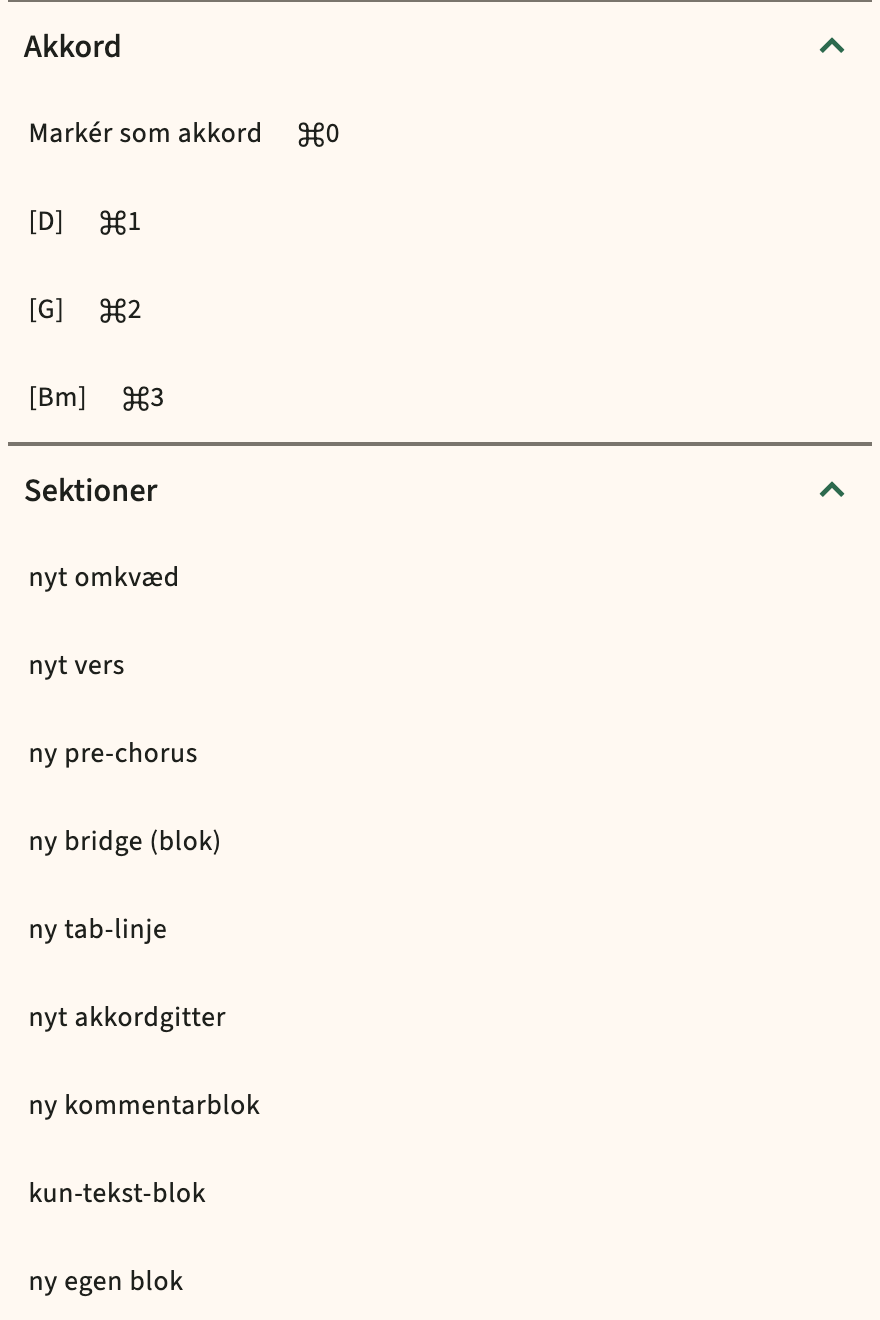 ChordPro-indsætningskatalog i editorværktøjslinjen