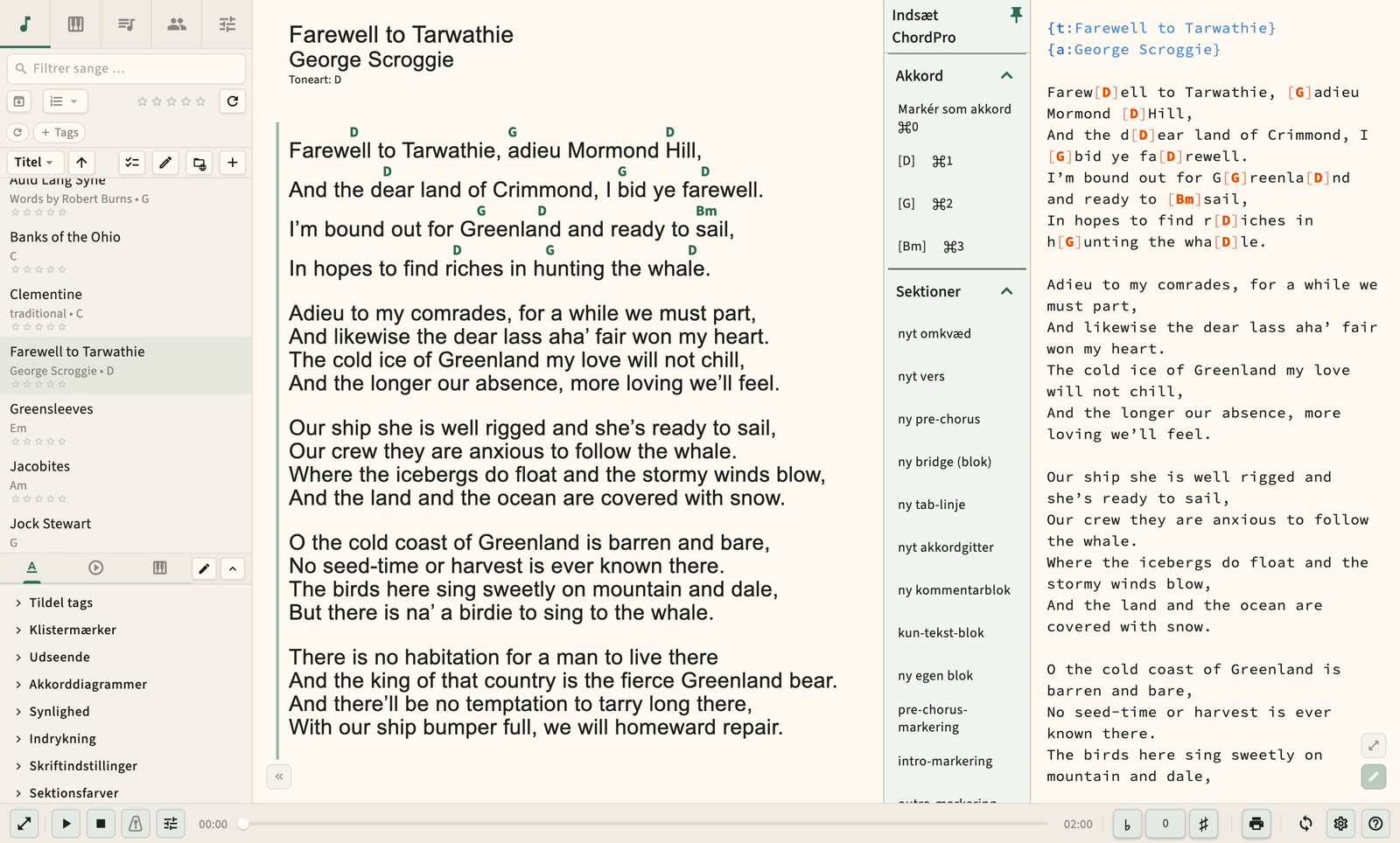 ChordPro-kildeeditor med live formateringsforhåndsvisning