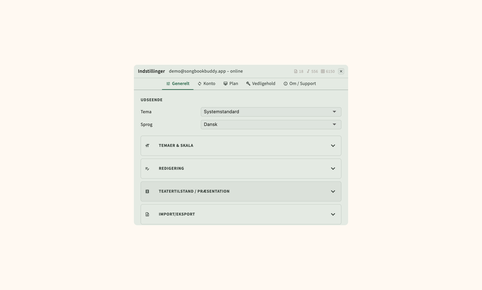 Indstillinger for cloud-synk, backup og skærmpræferencer