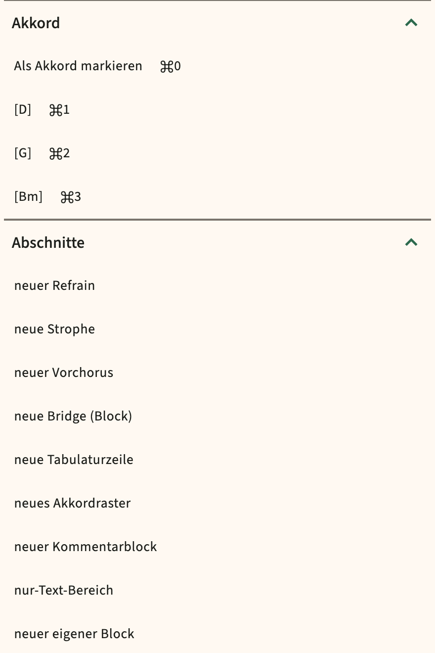 ChordPro fügt Katalog in der Editor-Toolbar ein
