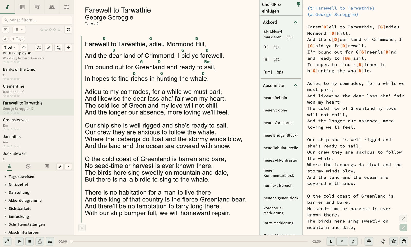 ChordPro Source Editor mit Live Formating Preview