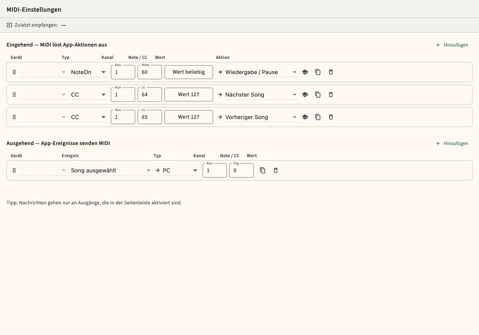 MIDI Inbound und Outbound Mapping Einstellungen