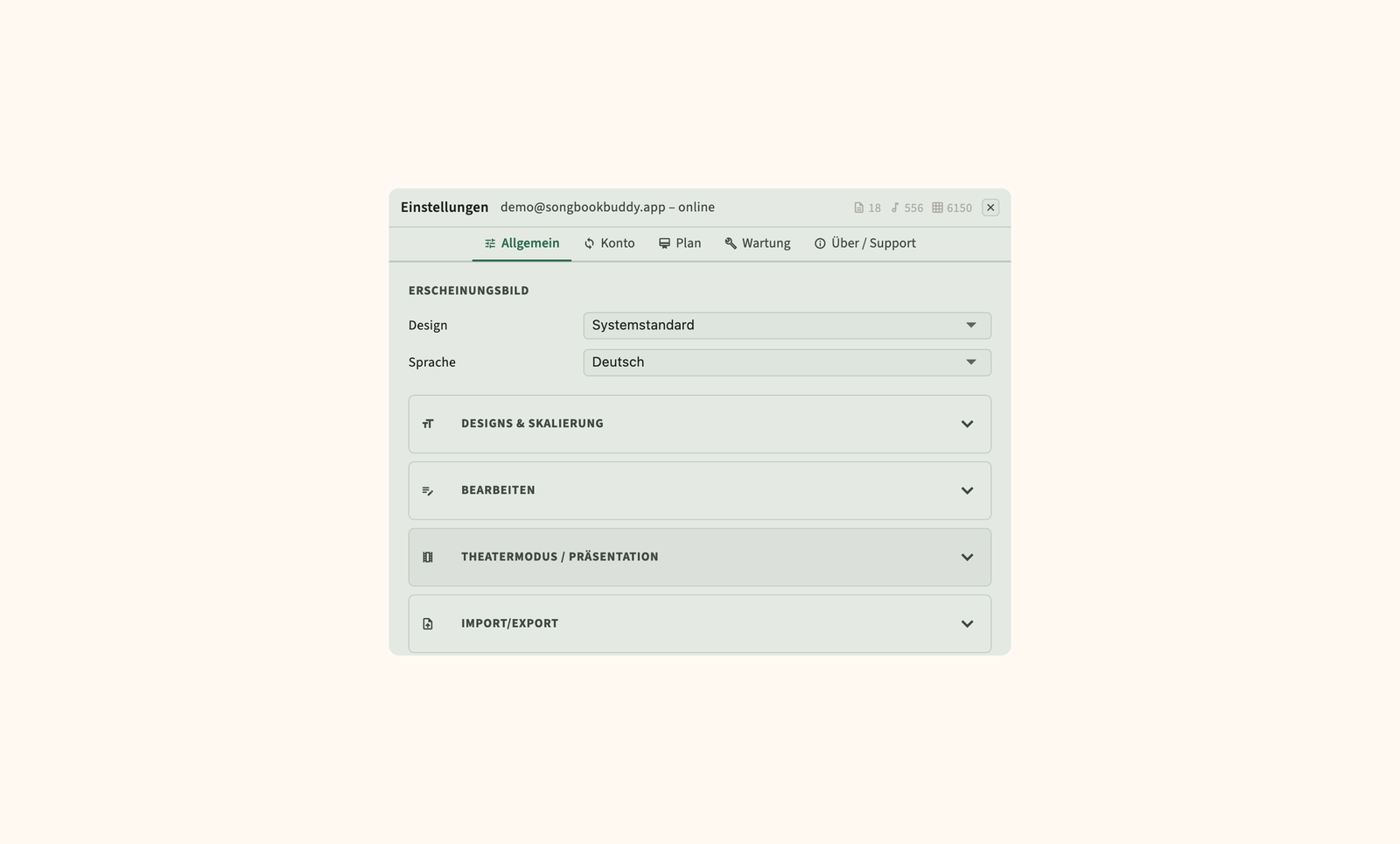 Einstellungen für Cloud-Synchronisierung, Backup und Anzeigeeinstellungen