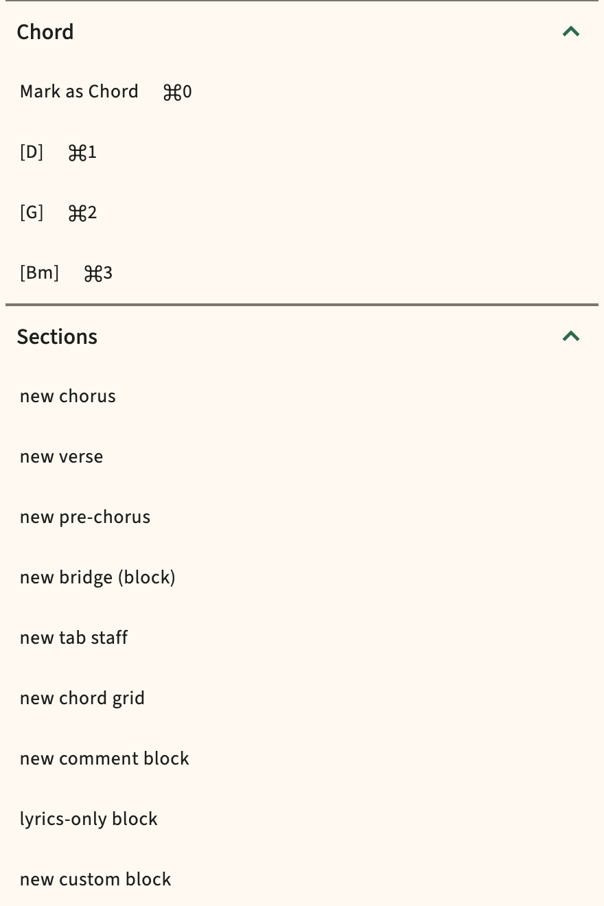 ChordPro insert catalog in the editor toolbar