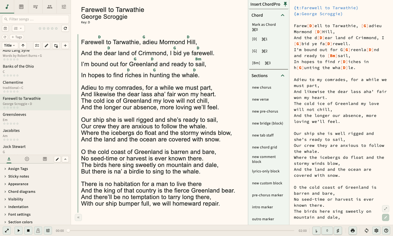ChordPro source editor with live formatting preview