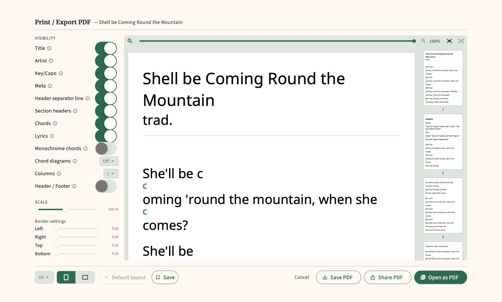 Print and PDF export layout for a song