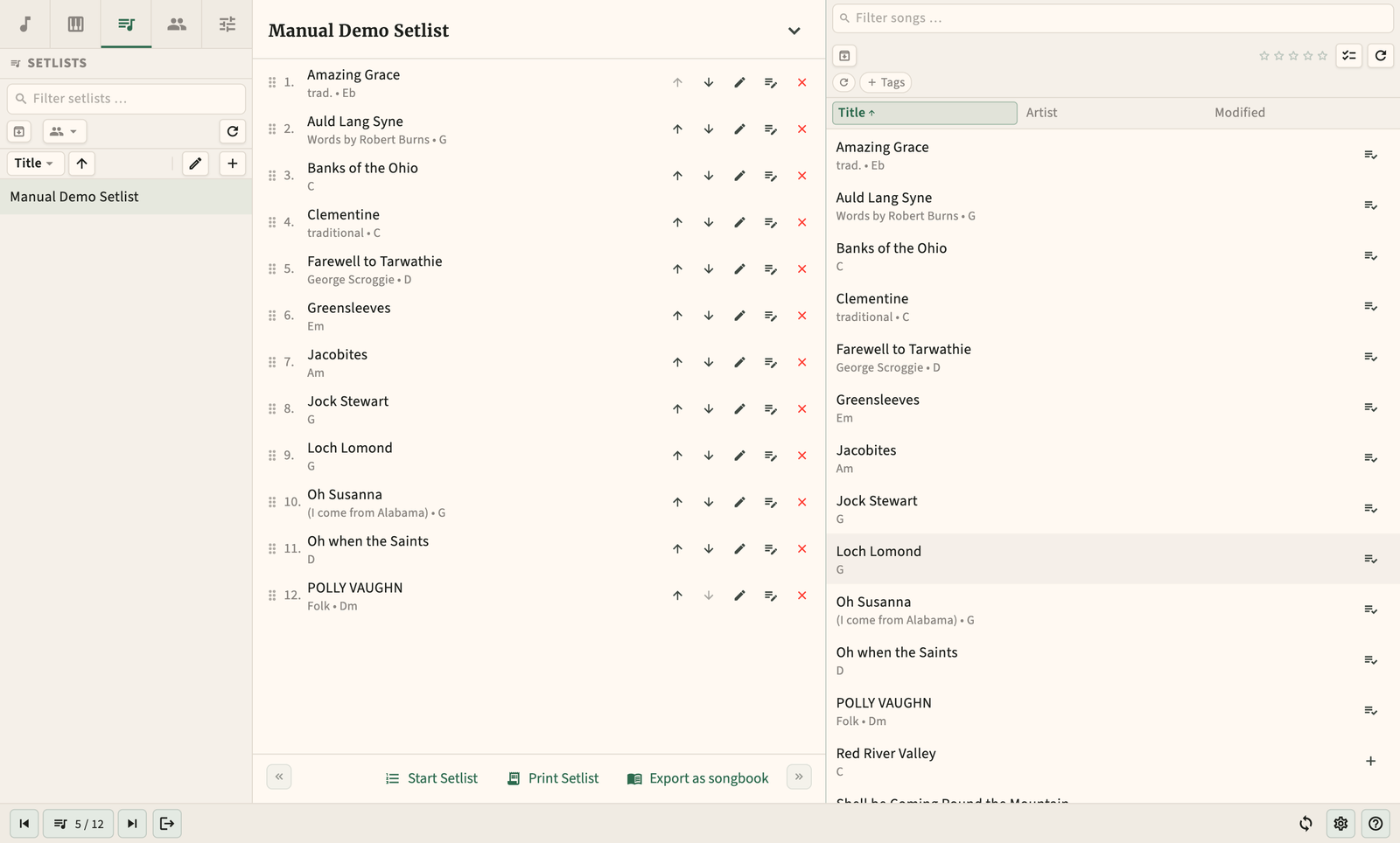 Setlist editor with drag-and-drop song order