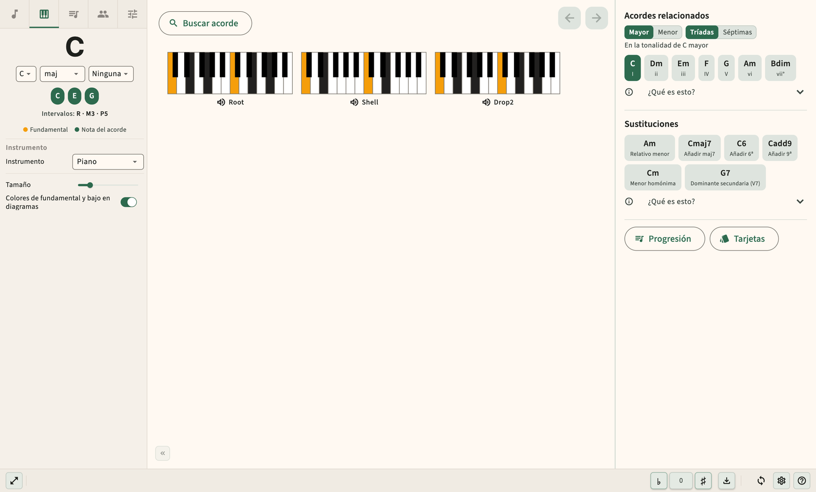 Diagrama de acordes de piano con distribución de notas de teclado.
