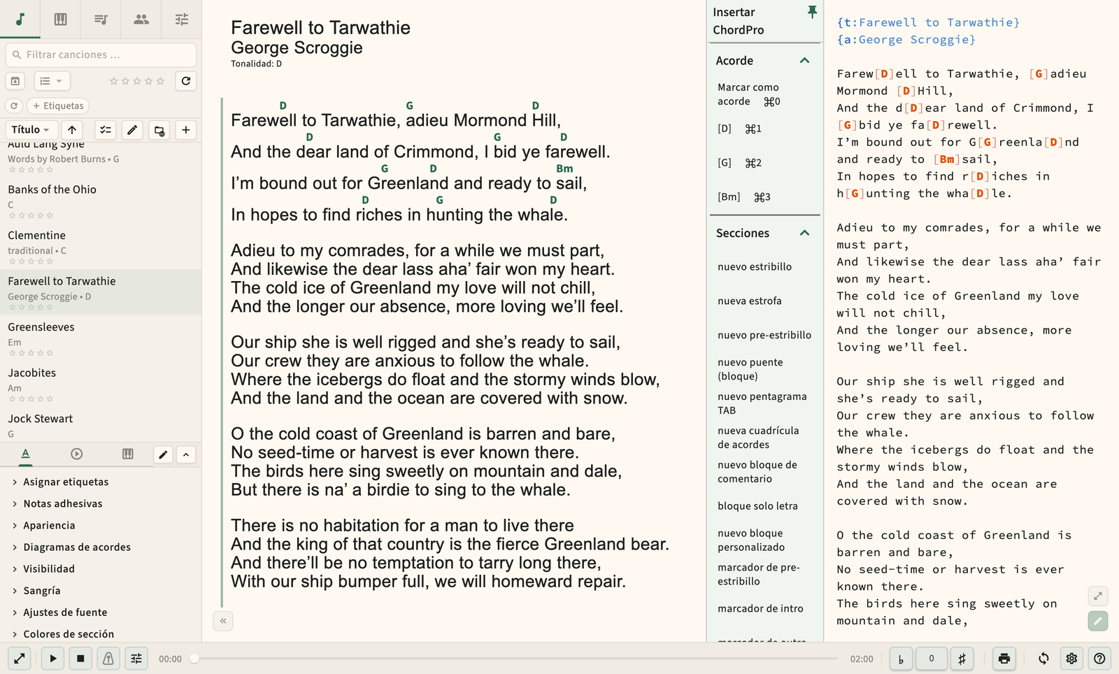 Editor de código fuente ChordPro con vista previa de formato en vivo