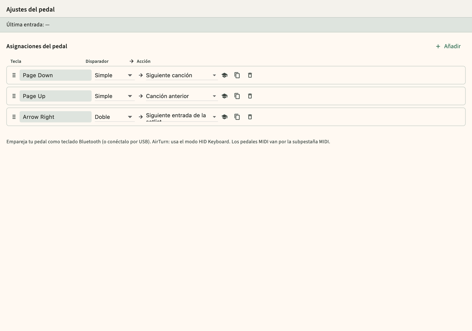 Configuración de paso de página del interruptor de pedal y del pedal USB