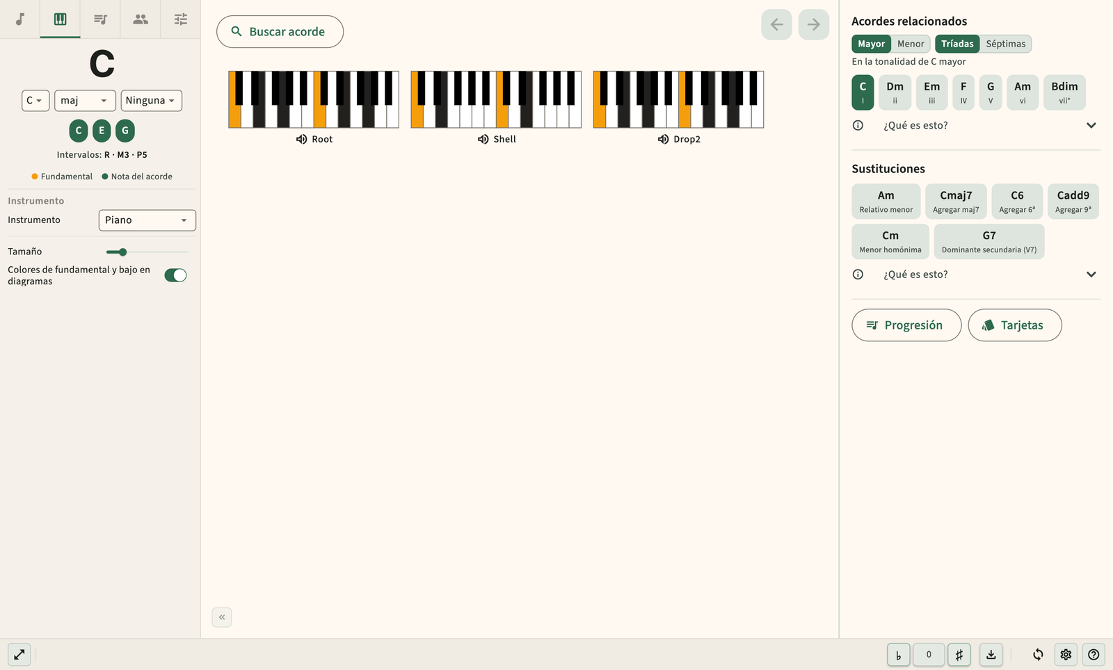 Diagrama de acordes de piano con distribución de notas de teclado.