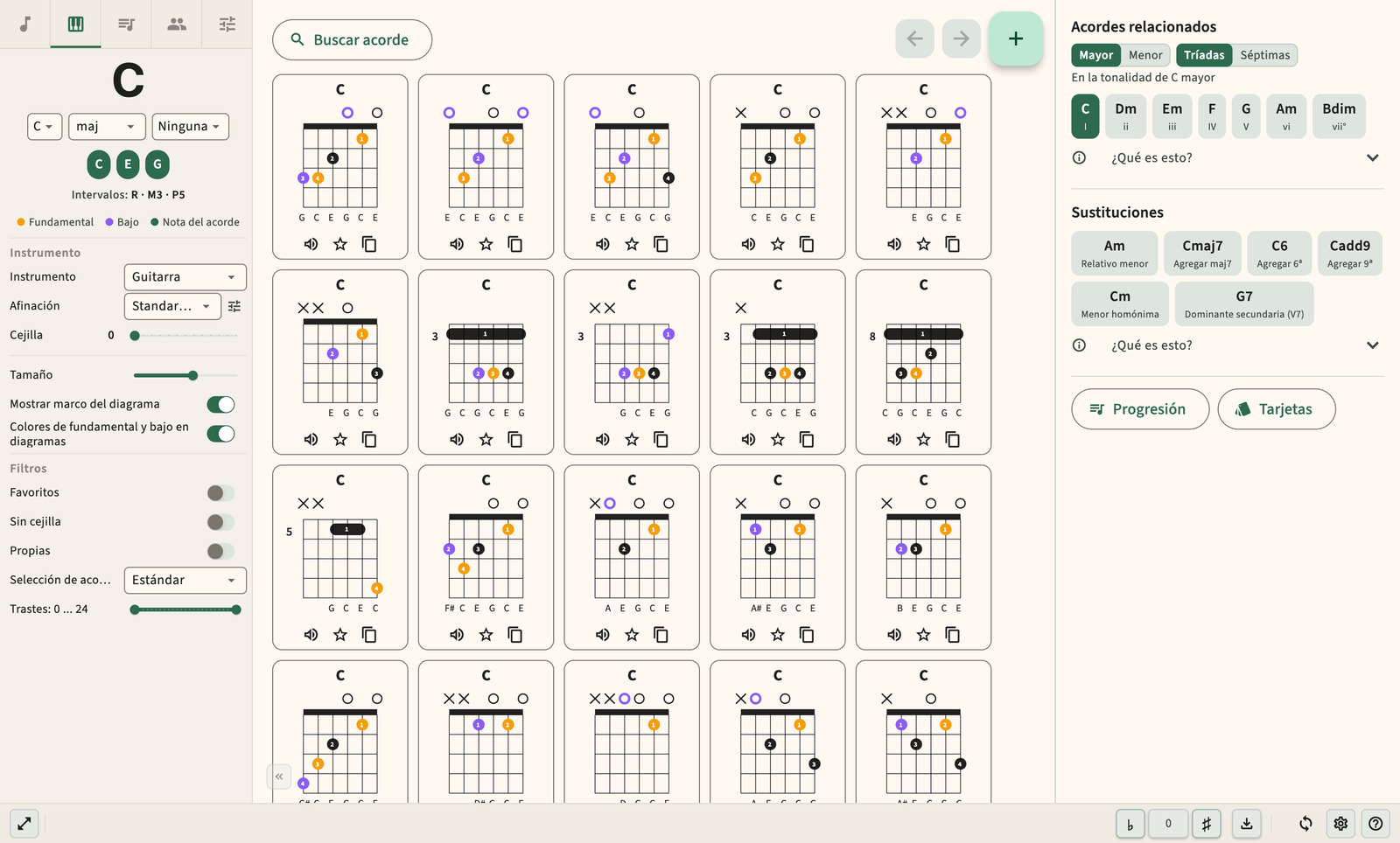 Diagrama de acordes de guitarra con digitación y reproducción de audio.