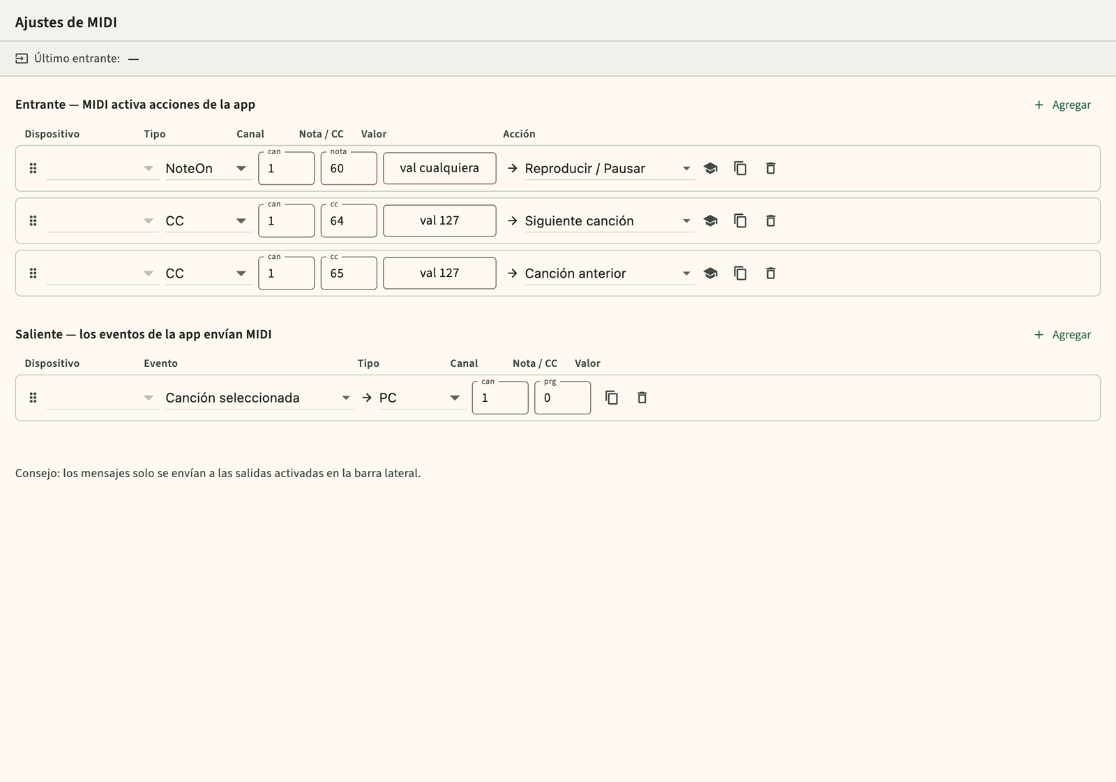 MIDI configuración de mapeo entrante y saliente