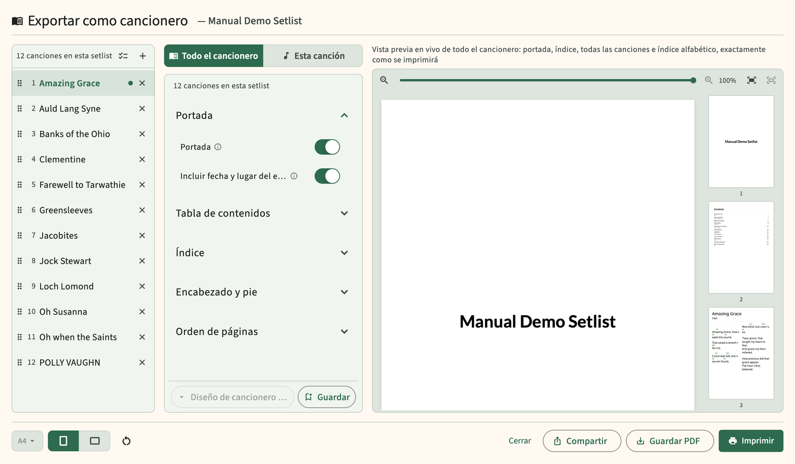 Setlist PDF vista previa de exportación del cancionero
