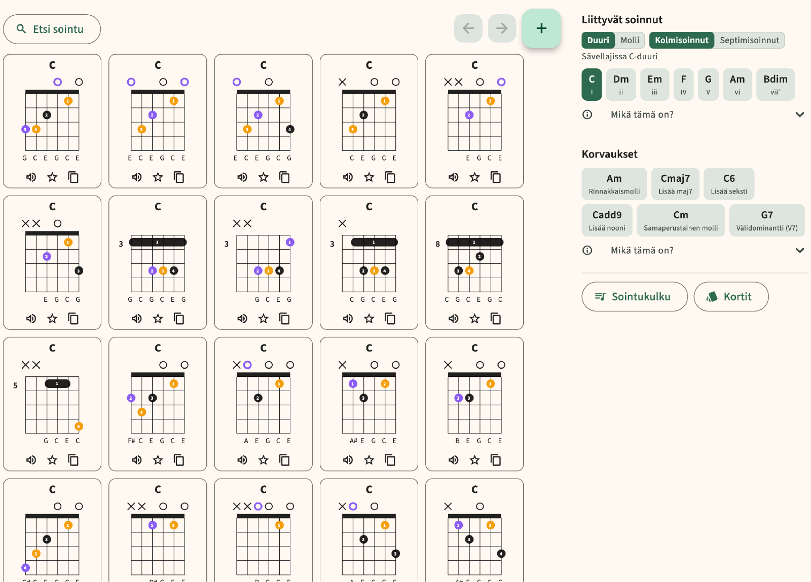 Find chord, Related Chords ja substituutiot