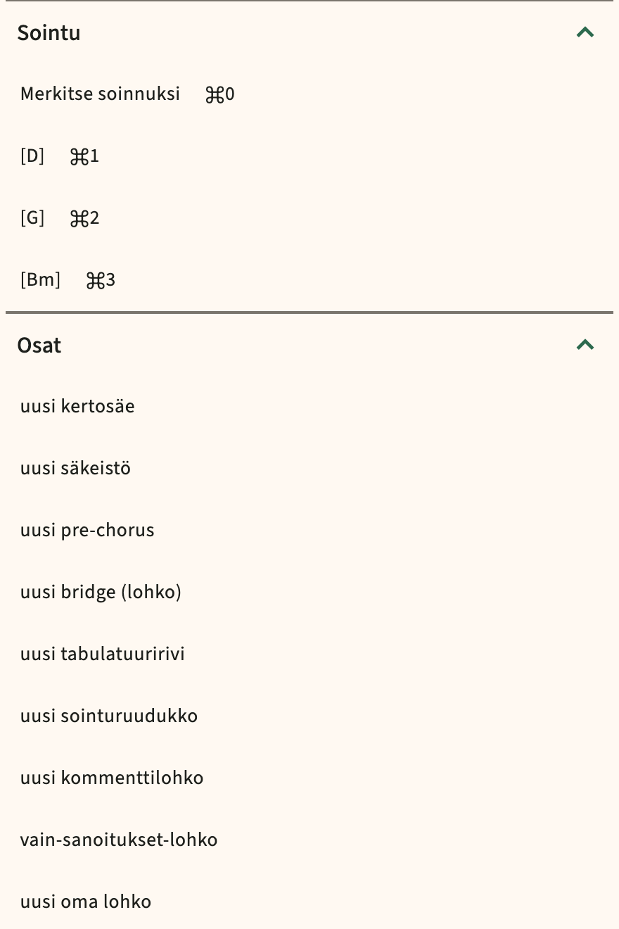 ChordPro lisää luettelo muokkaimen työkaluriville