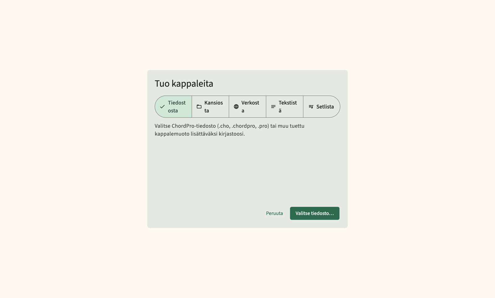 Tuo ChordPro-tiedostoja ja kansioita kirjastoon