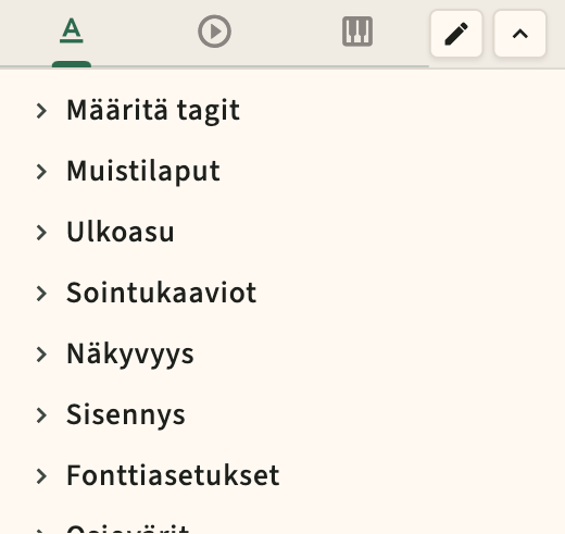 Suorituskykymuoto ja metronomi sivupalkin ohjaimet