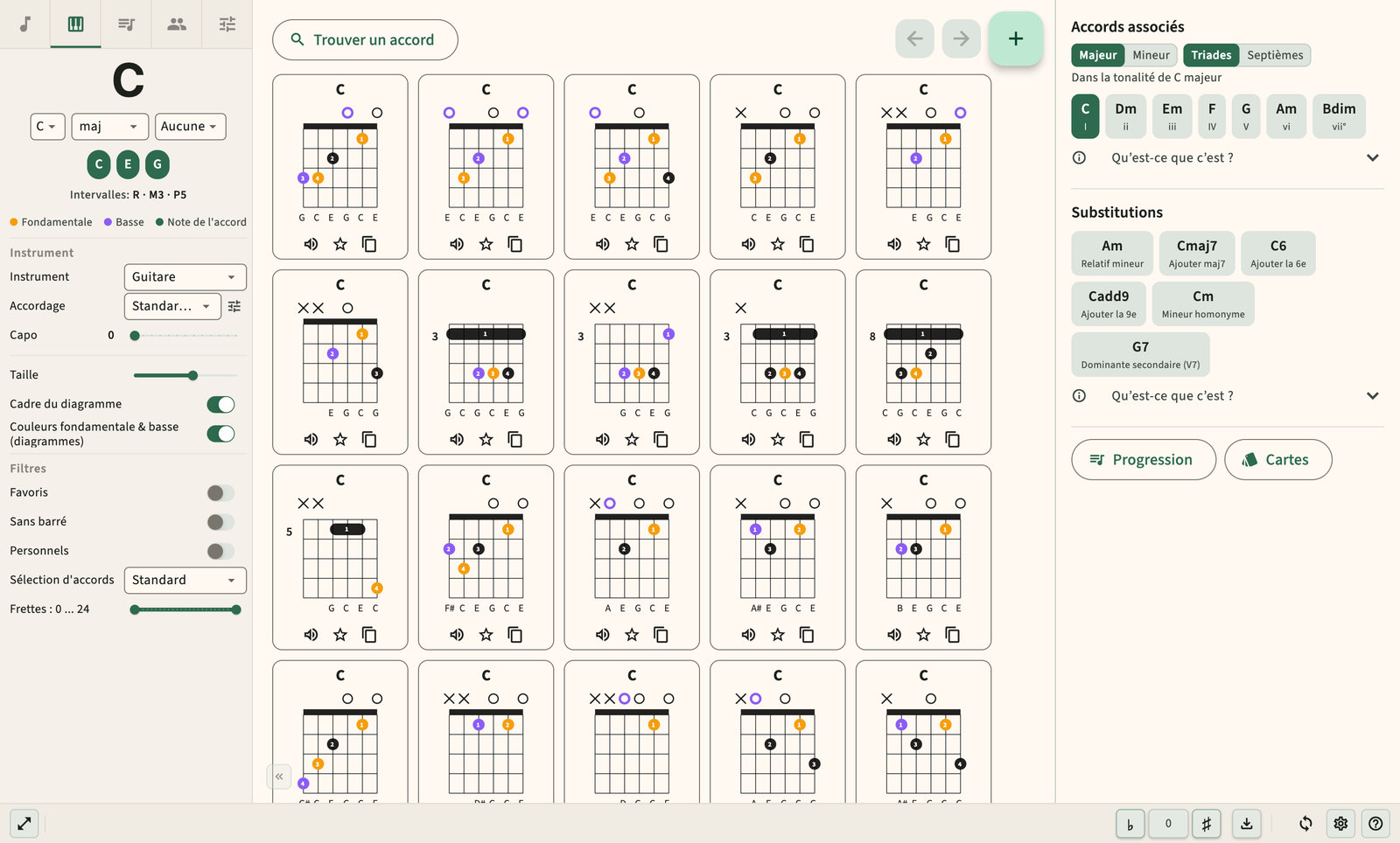 Diagramme d'accords de guitare avec doigté et lecture audio