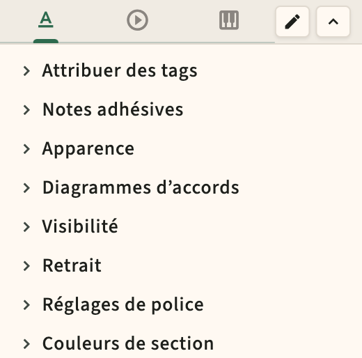 Format de performance et commandes de la barre latérale du métronome