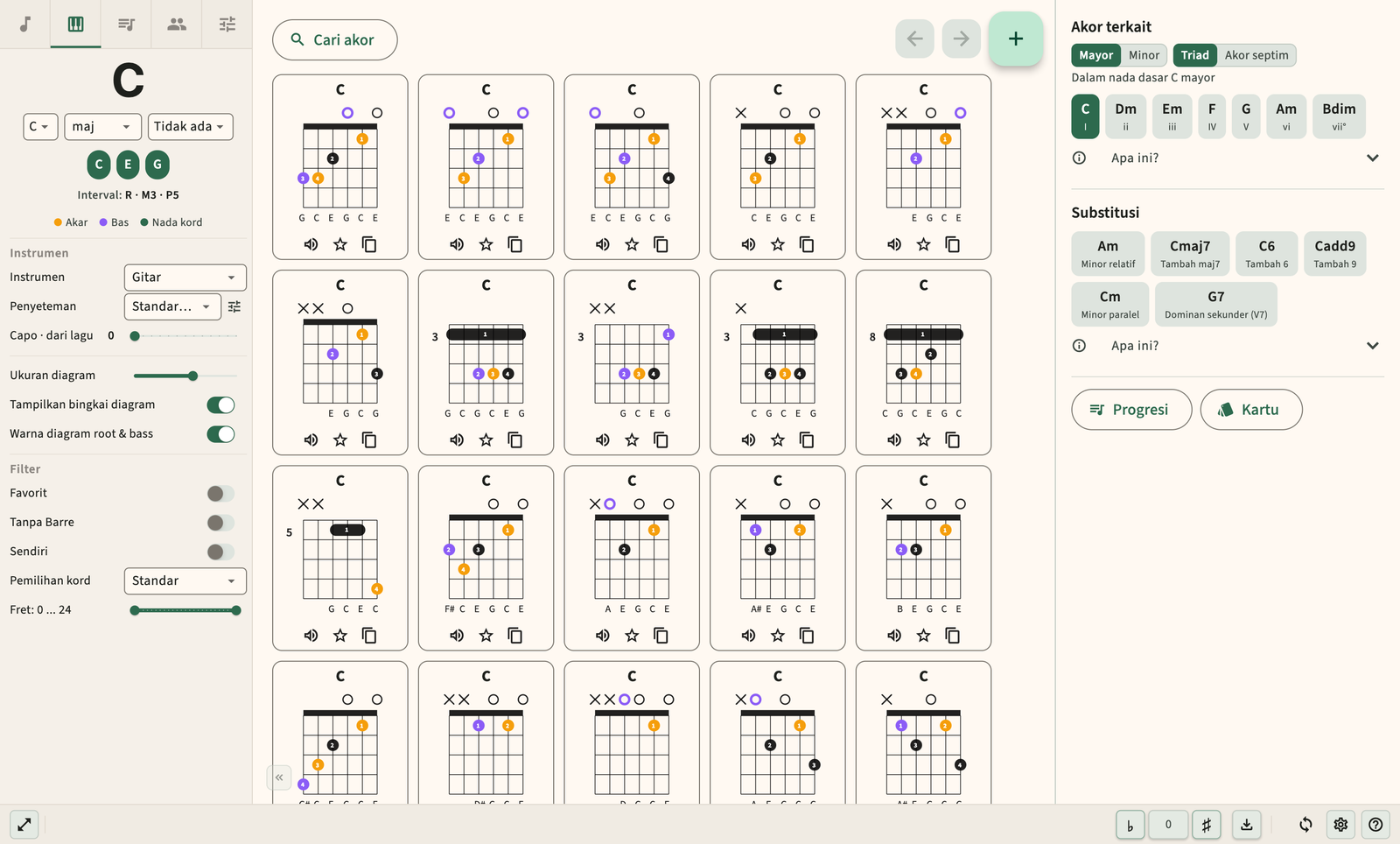 Diagram akor gitar dengan fingering dan pemutaran audio