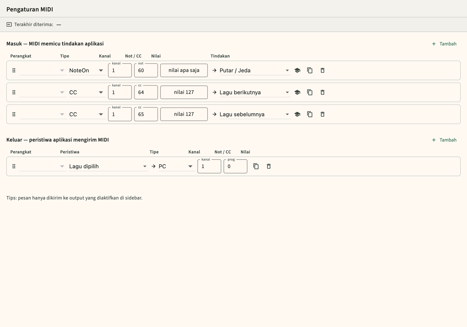 Pengaturan pemetaan MIDI inbound dan outbound