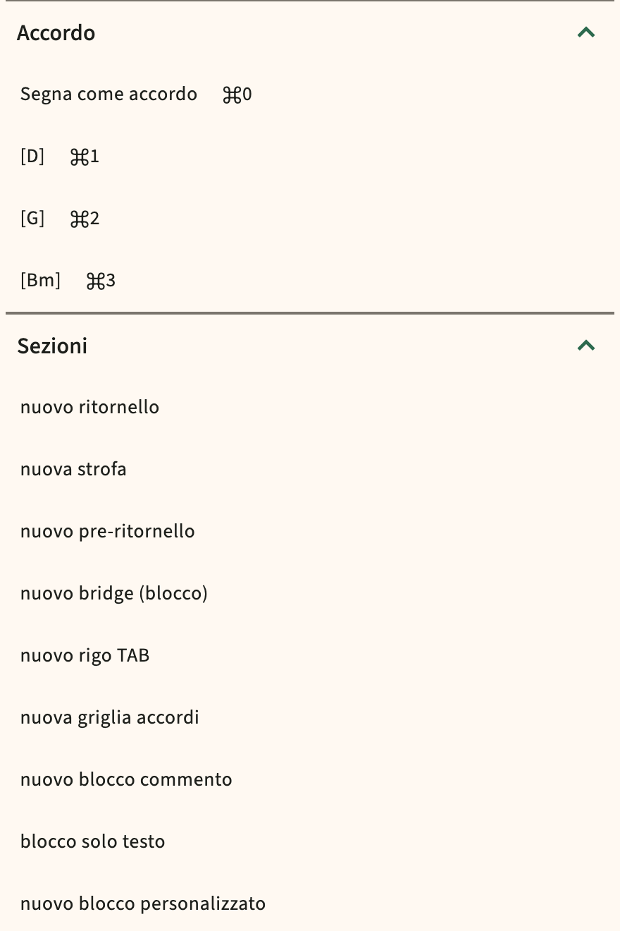 ChordPro inserisci il catalogo nella barra degli strumenti dell'editor