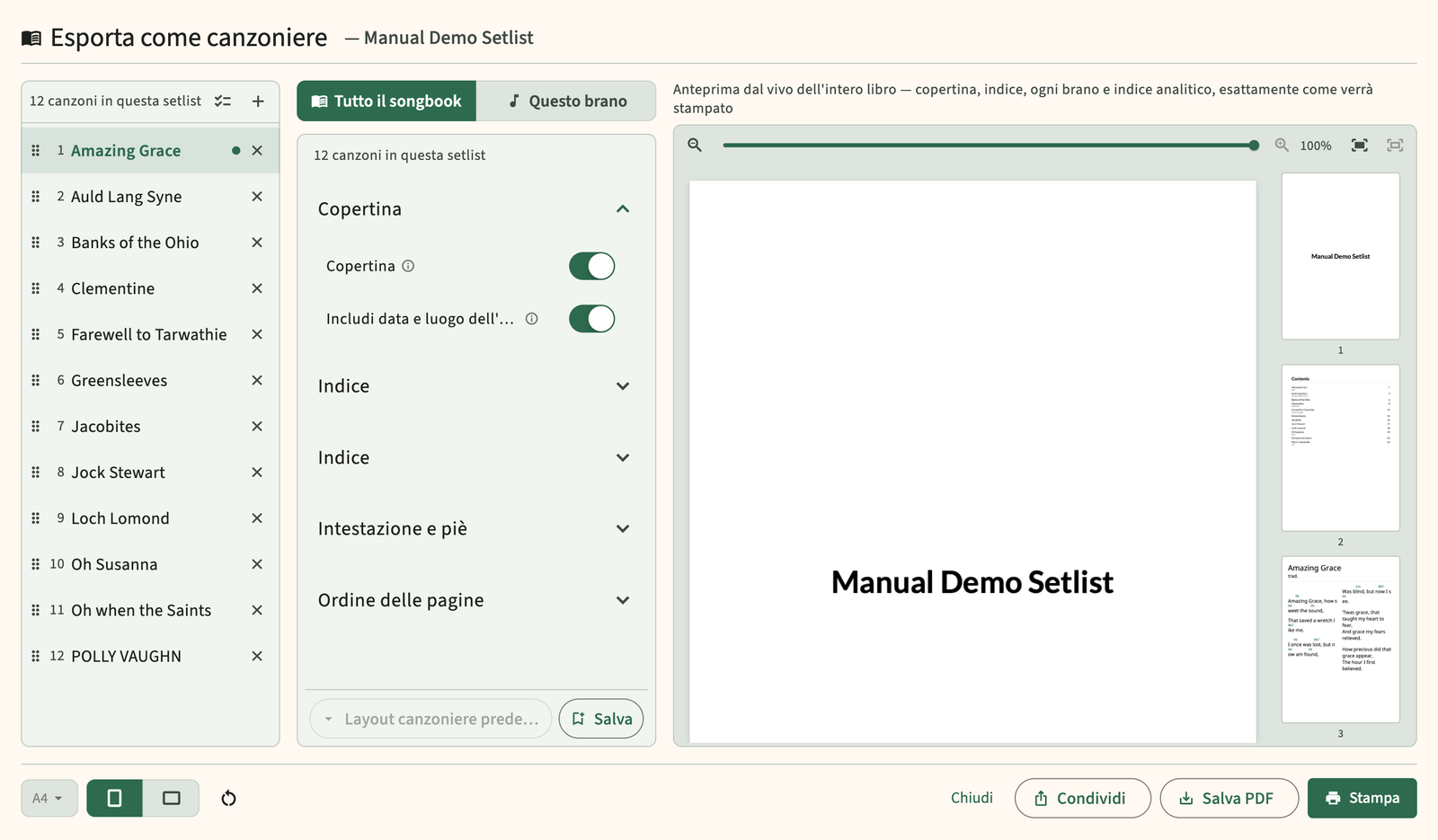 Anteprima dell'esportazione del songbook della setlist PDF