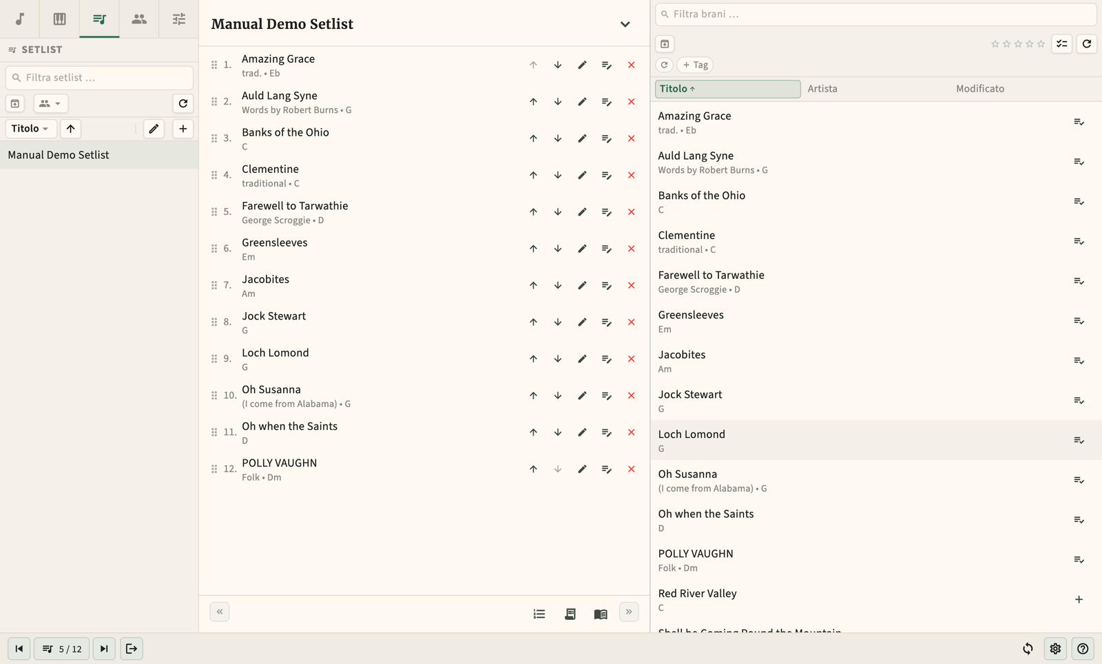 Editor di setlist con ordine dei brani drag-and-drop