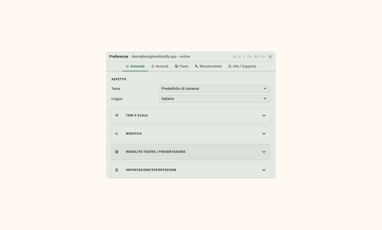 Impostazioni per la sincronizzazione cloud, il backup e le preferenze di visualizzazione