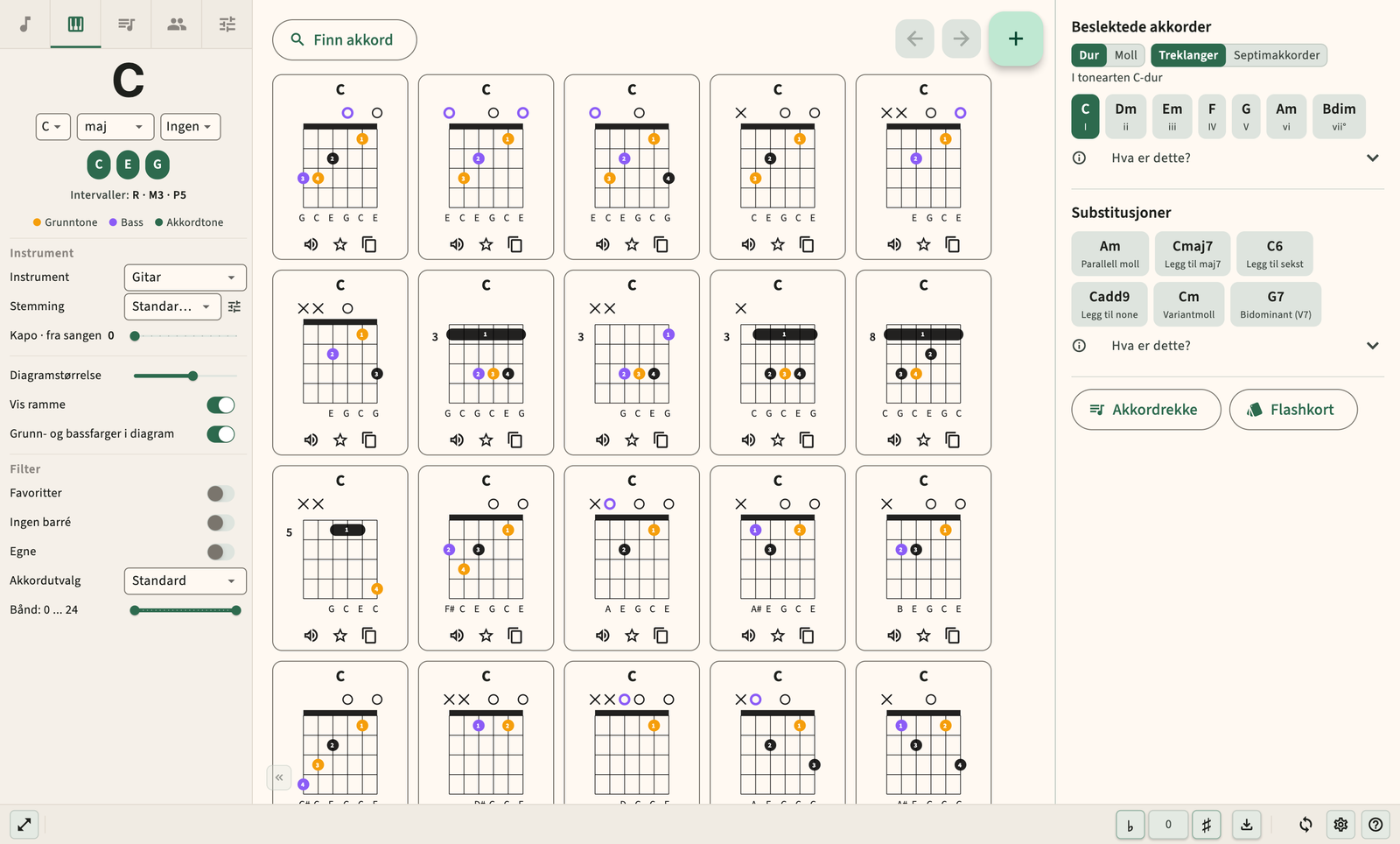 Gitar akkorder diagram med fingering og lydavspilling