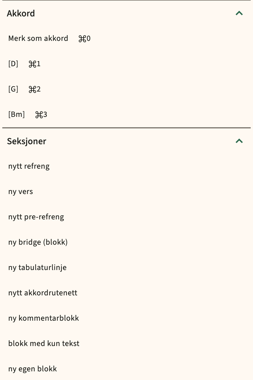ChordPro sett inn katalog i redigeringsverktøylinjen