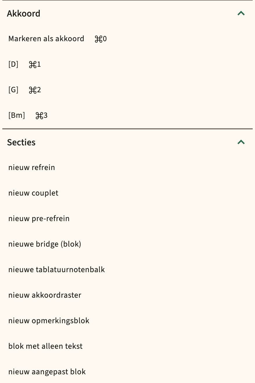 ChordPro catalogus invoegen in de editorwerkbalk