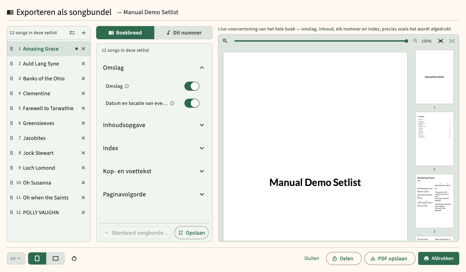 Setlist PDF exportvoorbeeld van songboek