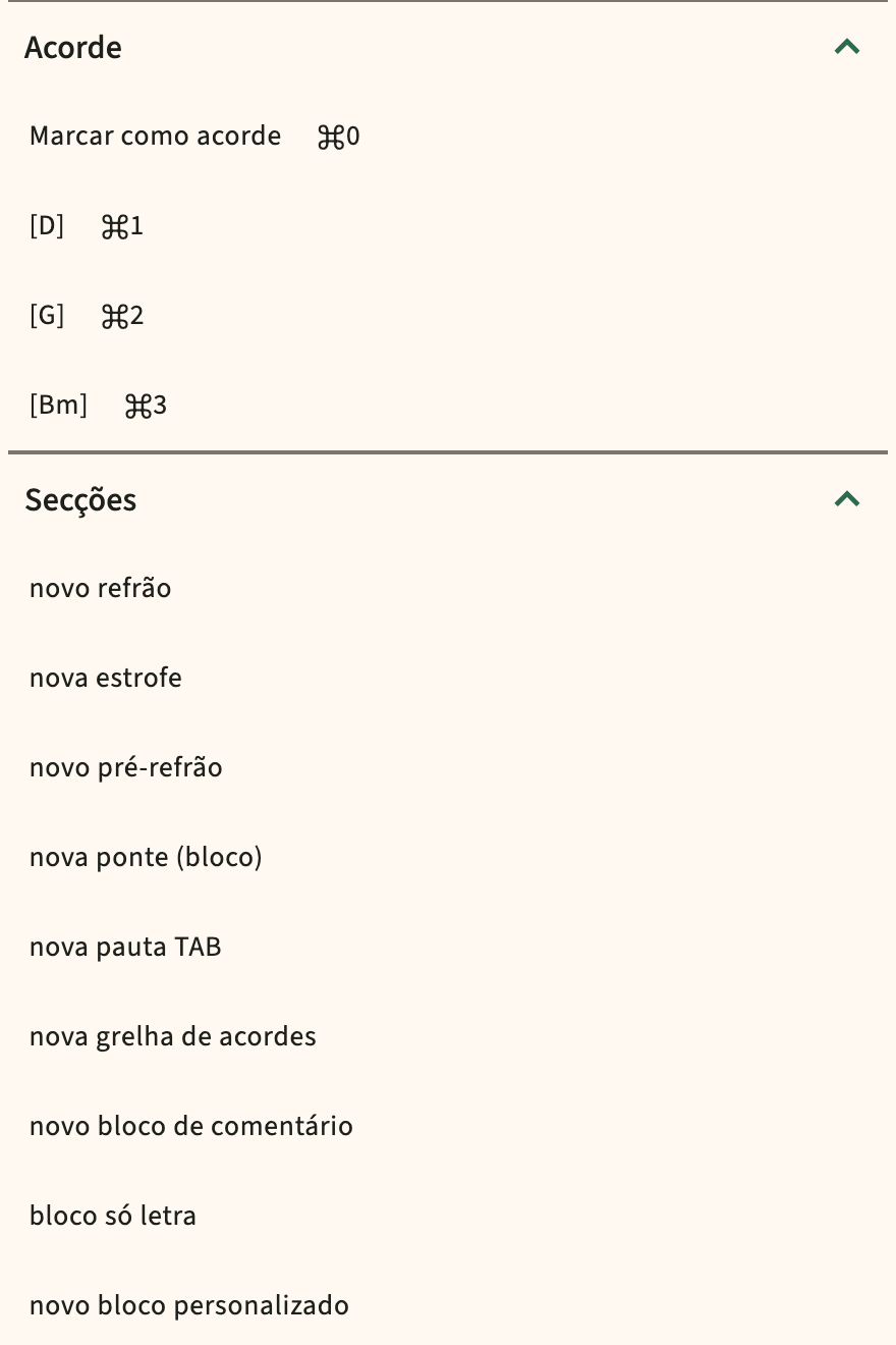 ChordPro insira o catálogo na barra de ferramentas do editor