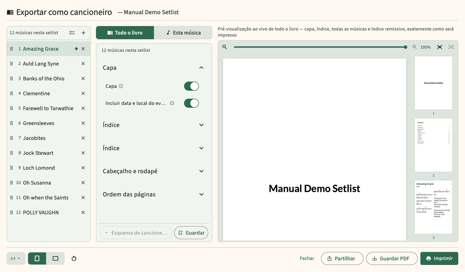 Visualização da exportação do songbook da setlist PDF