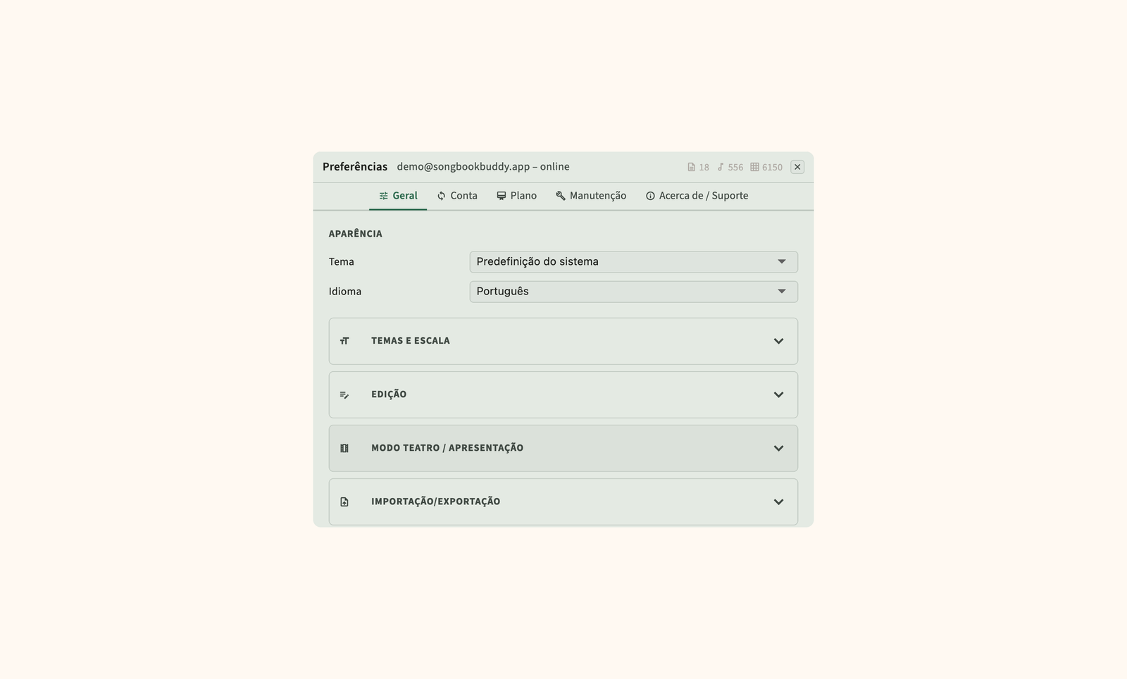 Definições para sincronização na nuvem, cópias de segurança e preferências de visualização