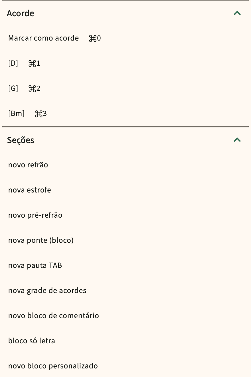 ChordPro insira o catálogo na barra de ferramentas do editor
