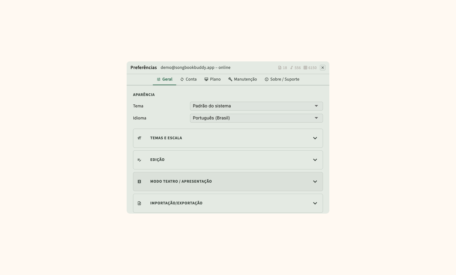 Configurações para sincronização na nuvem, backup e preferências de exibição