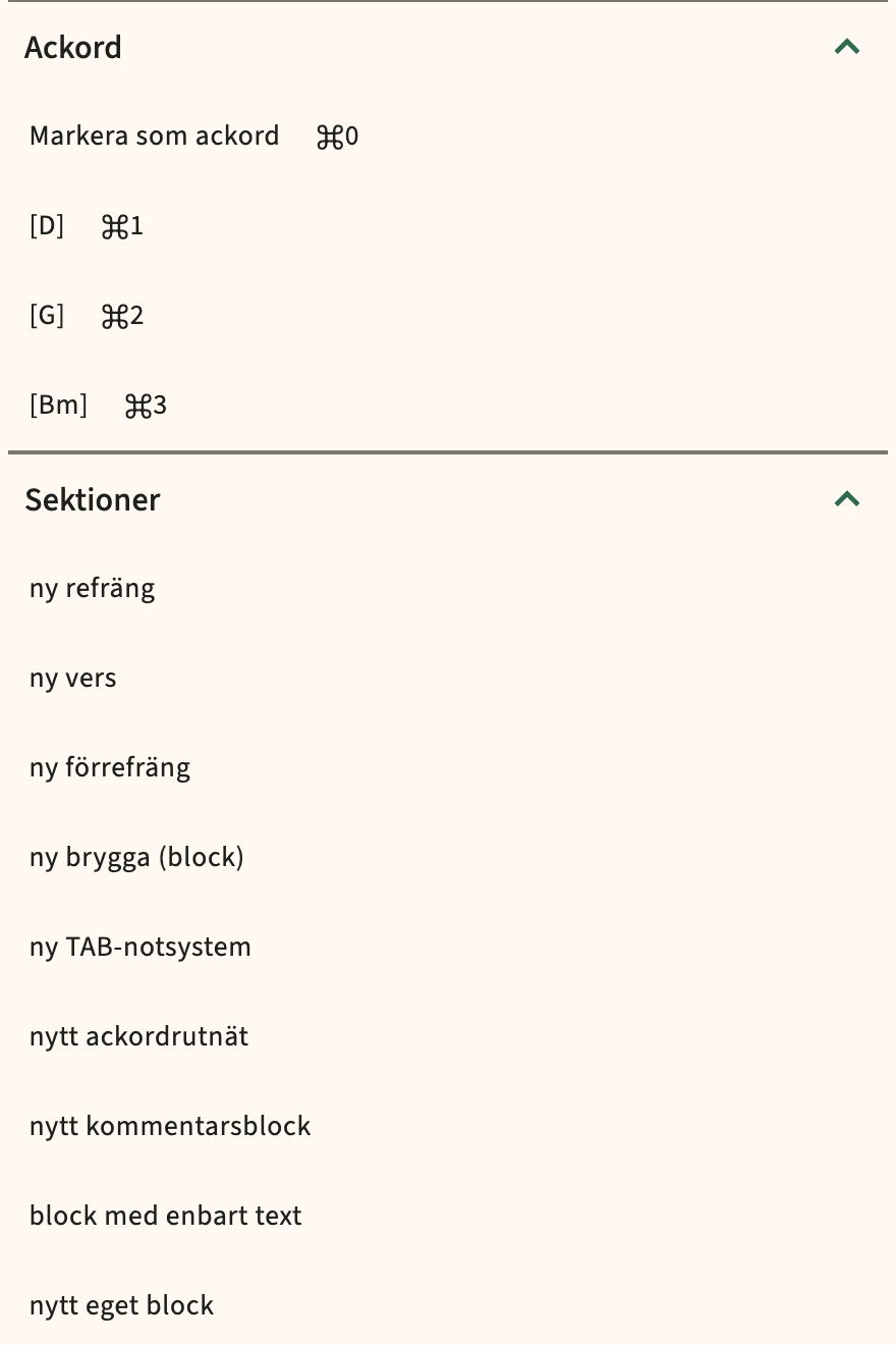 ChordPro infoga katalog i redaktör verktygsfältet