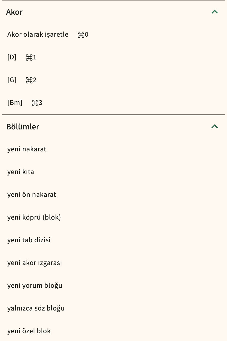 Düzenleyici araç çubuğunda ChordPro ekleme kataloğu