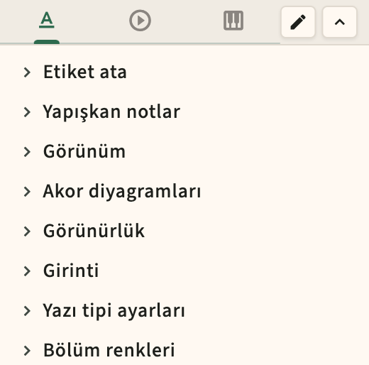 Performans formatı ve metronom kenar çubuğu kontrolleri
