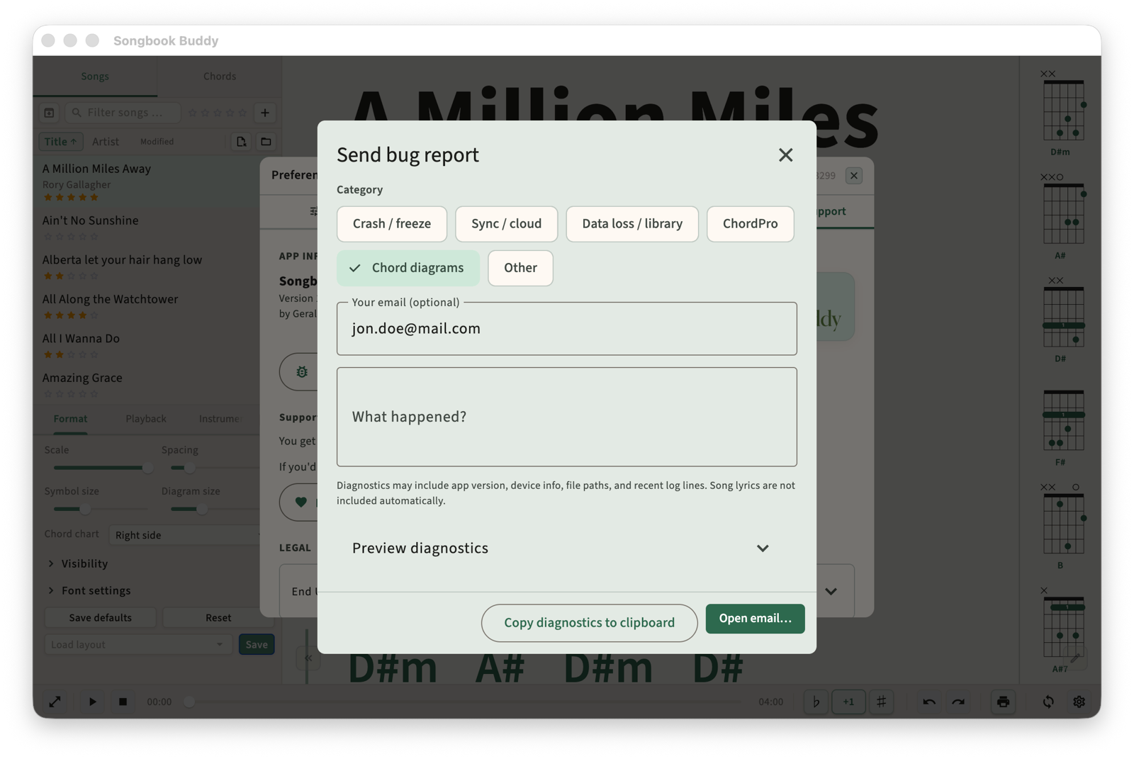 Songbook app screenshot - Bug report page in Preferences/About dialog
